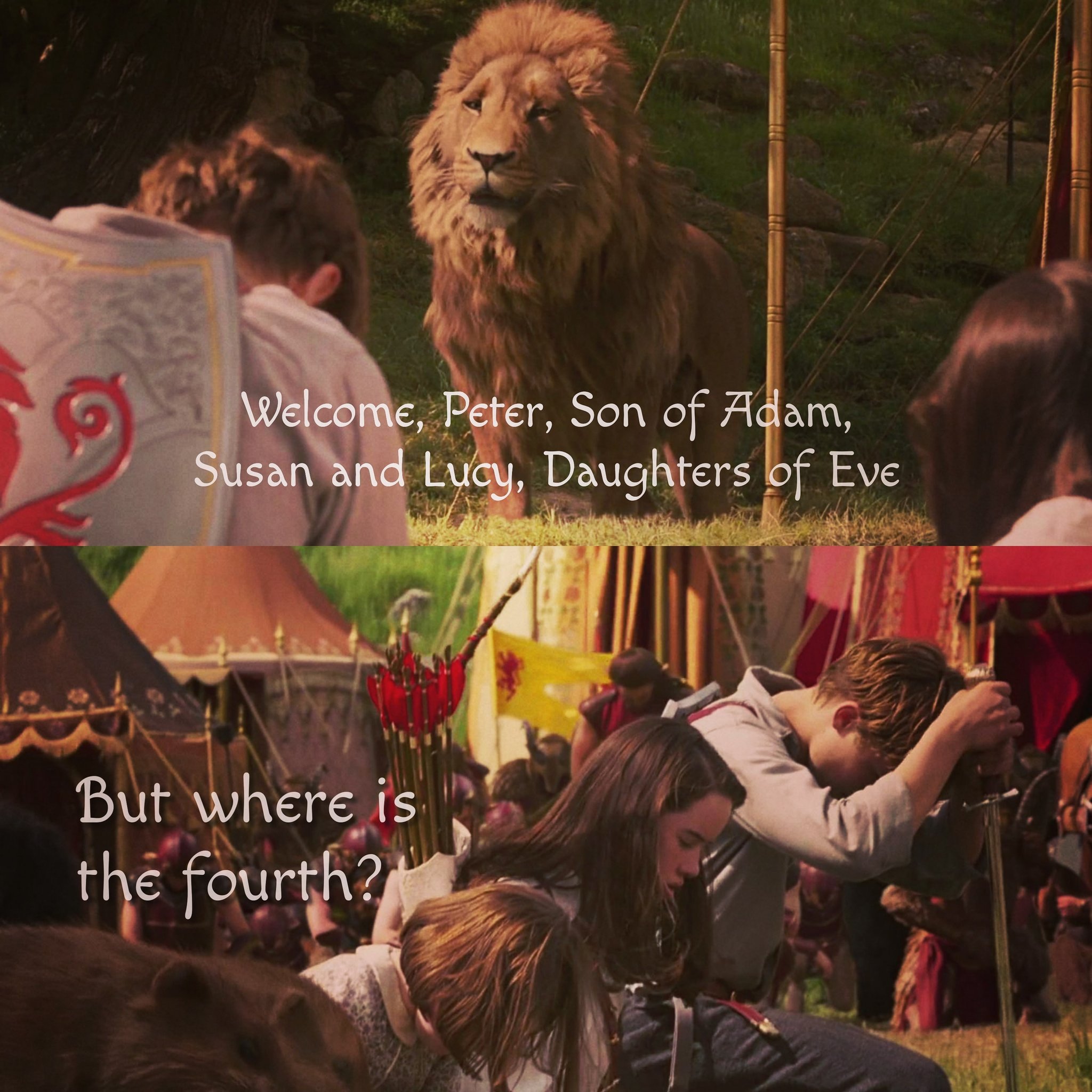 Aslan on X: Welcome, Peter, Son of Adam, said Aslan. Welcome, Susan and  Lucy, Daughters of Eve. But where is the fourth?  #TheLiontheWitchandtheWardrobe #Narnia #Aslan #CSLewis   / X