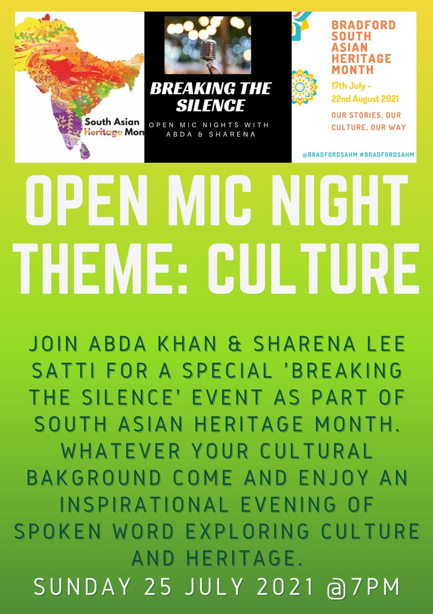 Abda Khan (@abdakhan5) on Twitter photo Myself & @Sharenaleesatti proud to host official <a href="/SAHM_UK/">South Asian Heritage Month</a> & @BradfordSahm #openmic event as part of #SouthAsianHeritageMonth 25 July 6pm Dress in your traditional attire & join us for a beautiful evening full of inspiring poetry Free. Booking essential eventbrite.co.uk/e/breaking-theβ¦ Myself & @Sharenaleesatti proud to host official <a href="/SAHM_UK/">South Asian Heritage Month</a> & @BradfordSahm #openmic event as part of #SouthAsianHeritageMonth 25 July 6pm Dress in your traditional attire & join us for a beautiful evening full of inspiring poetry Free. Booking essential eventbrite.co.uk/e/breaking-theβ¦