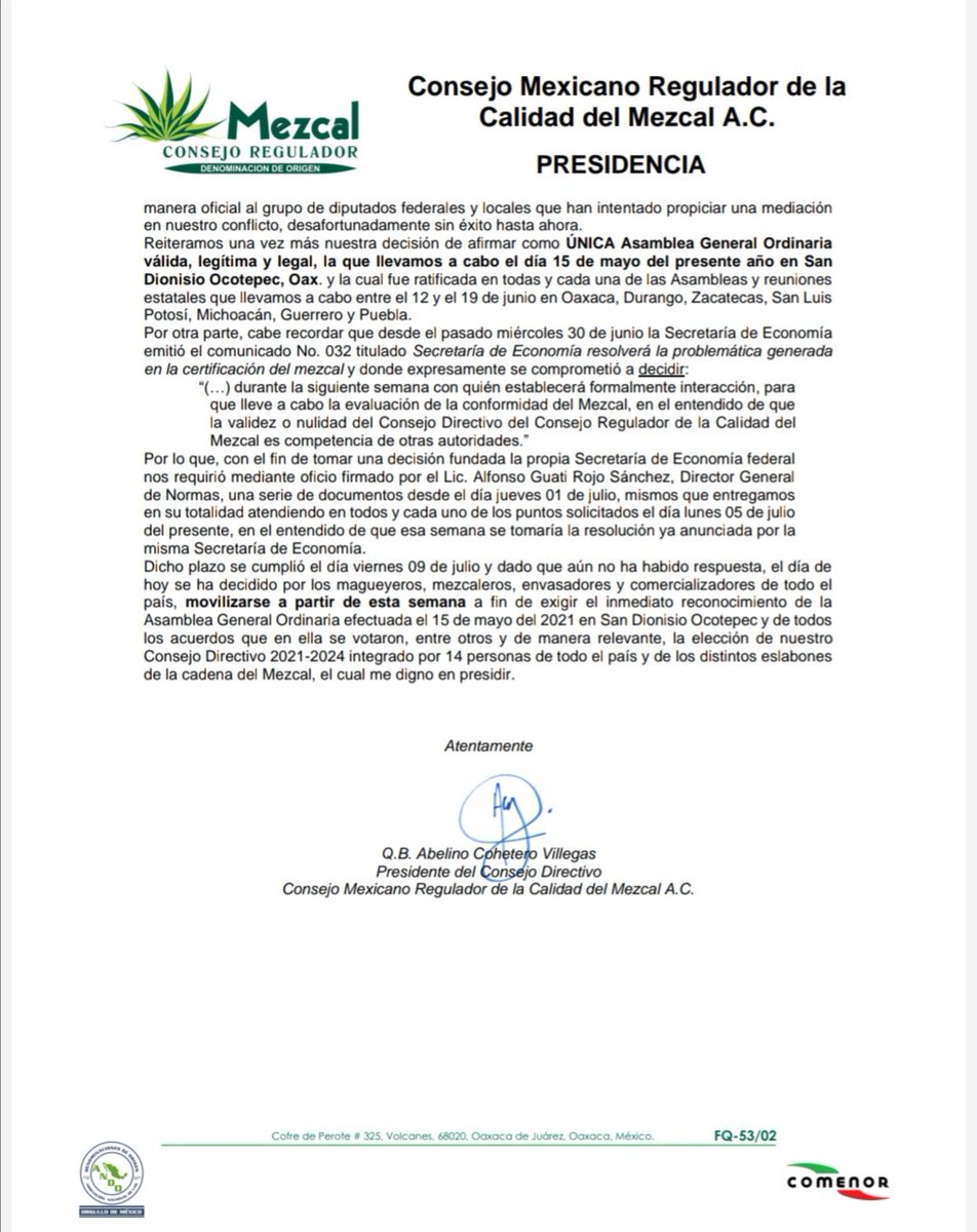 COMERCAM_AC's tweet photo. Comunicado de la Presidencia del Consejo Mexicano Regulador de la Calidad del Mezcal A.C. 
12 de Julio del 2021.
@tatclouthier @lopezobrador_
@SE_mx @Sec_EconomiaOax
@Gob_Mx @GobOax @Mx_Diputados
#ConsejoMexicanoReguladorDeLaCalidadDelMezcalAC #ComercamAC #MezcalPuntoCom https://t.co/Ao48d5NAWY