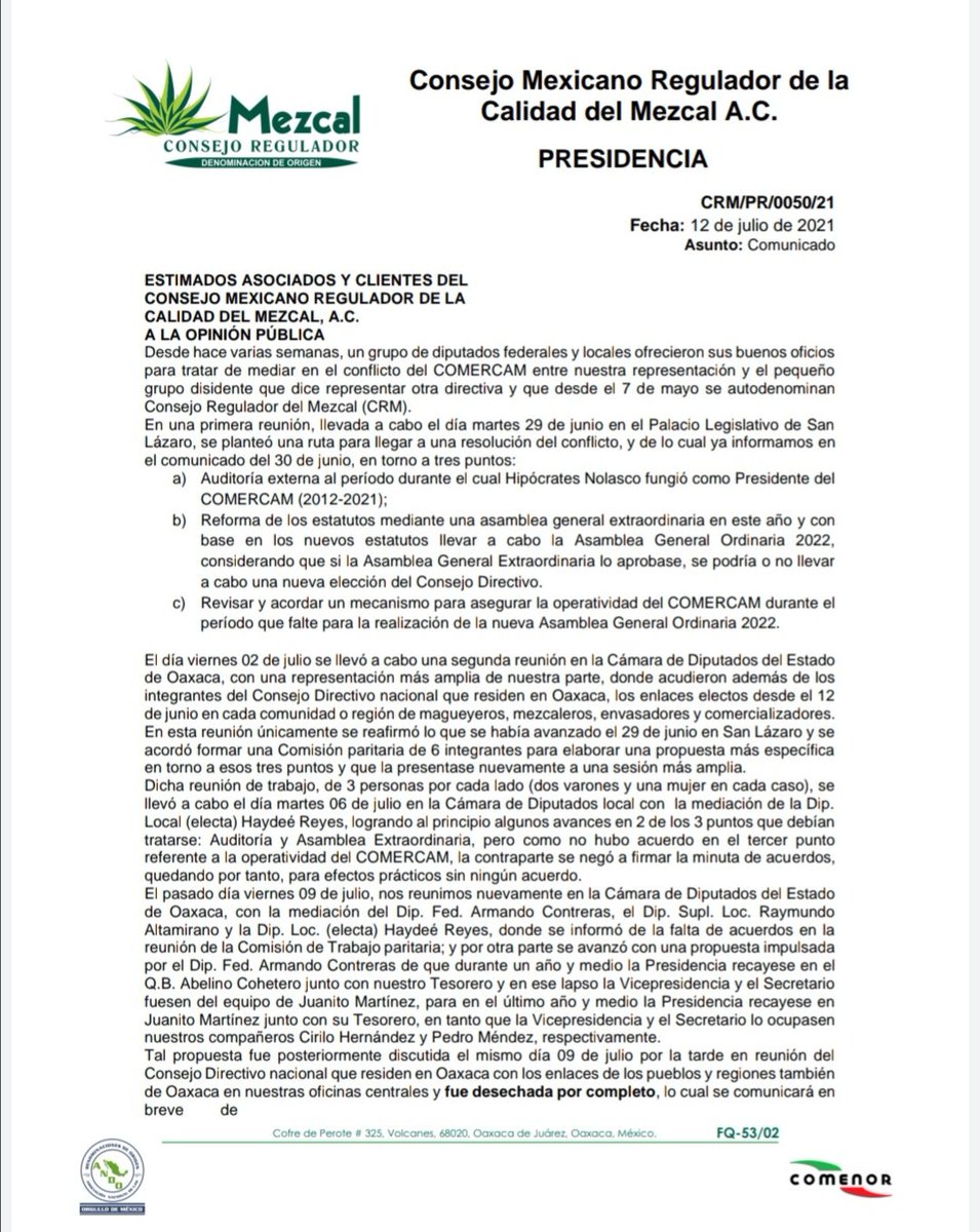 COMERCAM_AC's tweet photo. Comunicado de la Presidencia del Consejo Mexicano Regulador de la Calidad del Mezcal A.C. 
12 de Julio del 2021.
@tatclouthier @lopezobrador_
@SE_mx @Sec_EconomiaOax
@Gob_Mx @GobOax @Mx_Diputados
#ConsejoMexicanoReguladorDeLaCalidadDelMezcalAC #ComercamAC #MezcalPuntoCom https://t.co/Ao48d5NAWY