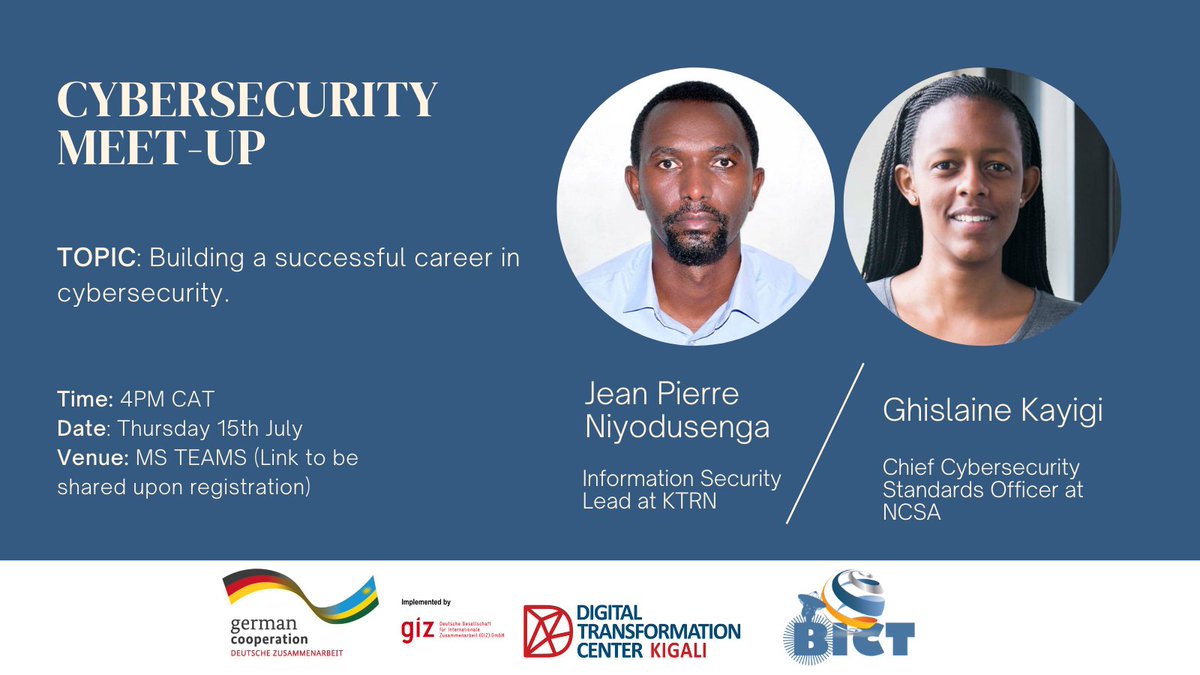 bictrwanda's tweet photo. We are very pleased to announce our awesome speakers in #CybersecurityMeetup2021
Join us Thursday, 15th July 2021 4PM CAT
Register here π https://t.co/zR5yu3HqwF
@DigiCenterRW https://t.co/2yhOqHl4NM