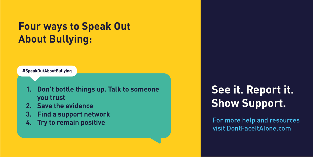 AntiBullyingPro's tweet image. Four ways to Speak Out About Bullying:
1. Don&apos;t bottle things up. Talk to someone you trust
2. Save the evidence
3. Find a support network
4. Try to remain positive

See it. Speak out. Support them.
#SpeakOutAboutBullying