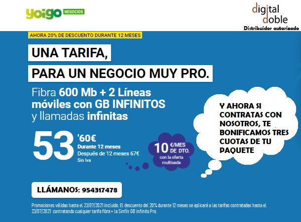 digital_doble's tweet photo. ¡Promoción julio! Contrata este mes con nosotros Fibra y líneas móviles de yoigo y te bonificamos las tres primeras cuotas de tu paquete. 
Llámanos al 954317478 y te informamos sin compromiso https://t.co/WLZfrblMkN