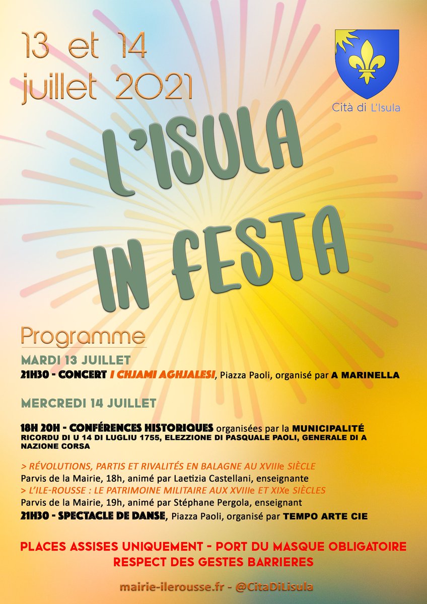 CitaDiLisula's tweet photo. ✔️ Toutefois, le #concert des Chjami Aghjalesi de ce soir, les #conférences historiques et le #spectacle de danse de demain sont #maintenus, uniquement sur les places assises et avec port du masque 😷.

⤵️ Vous trouverez donc ci-dessous le #programme mis à jour. https://t.co/2kSC1Ec2xQ