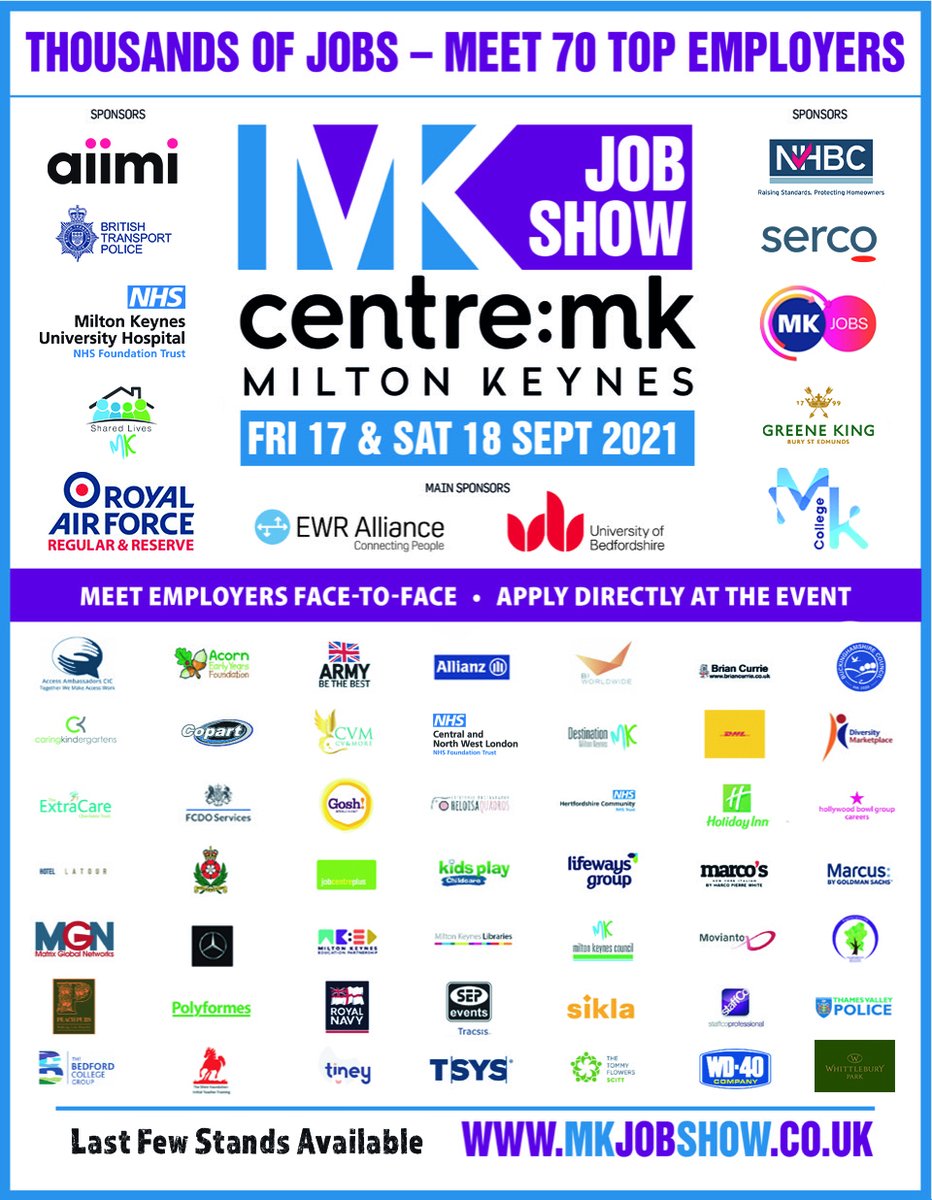 MK Job Show (@mkjobshow) on Twitter photo We're back! This time bigger and better than before!
Last few stands available - info@jobshow.co.uk
#TalentAcquisition #EmployerBranding #RecruitmentEvent We're back! This time bigger and better than before!
Last few stands available - info@jobshow.co.uk
#TalentAcquisition #EmployerBranding #RecruitmentEvent