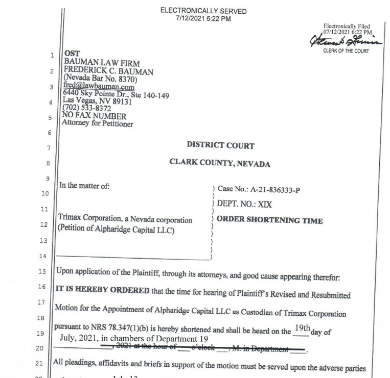 opportunityzon's tweet photo. @Alpharidge_Cap motion to shorten time for its application to be appointed custodian of $TMXN was granted yesterday.  The new hearing date is July 19, 2021 https://t.co/UL4hliXKMz