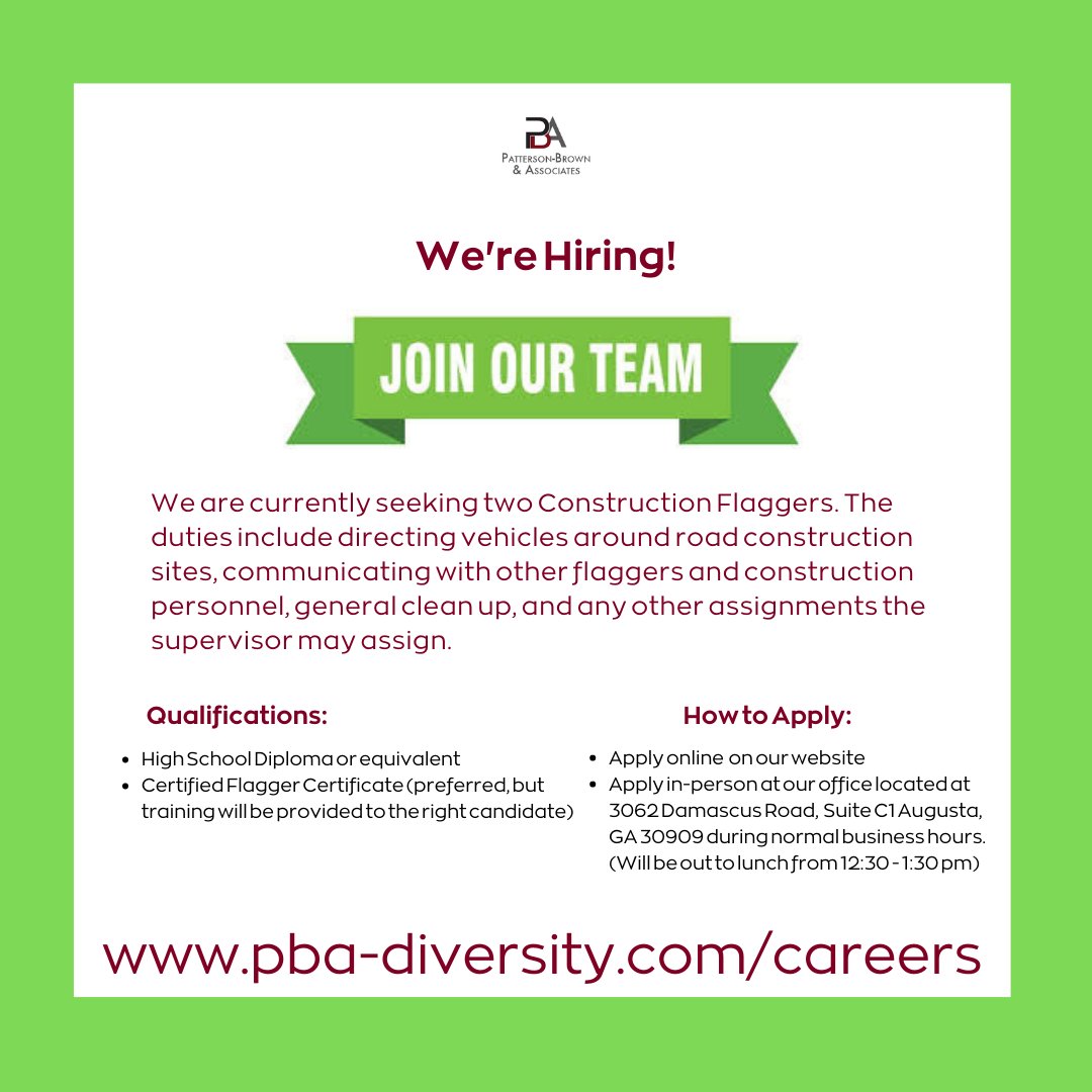 AssuranceWorks's tweet image. We&apos;re hiring for Construction Flaggers! 

pba-diversity.com/careers

#hiring #augusta #augustaga #construction #flaggers #ApplyNow