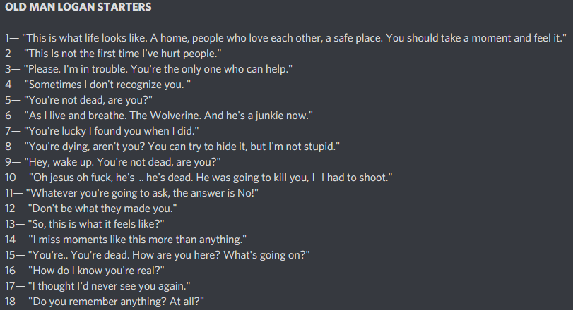 sonofaguild's tweet image. ❗️STARTER CALL❗️ —

[Comment] a number and specify who says the dialogue to who: (Logan to muse, muse to Logan) and I'll tag you in a brief starter with a random plot of my own

[Retweet] after choosing if you want me to DM you so we can plot the dialogue together!
