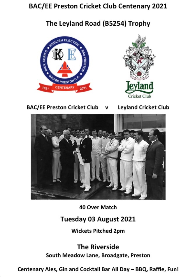Centenary Festival - Day 3.
Tuesday 3rd August - 3 weeks today!

We are delighted  that Leyland CC  will be our opponents on Day 3.   Leyland will be trying to win the Leyland Road (B5254) Trophy from us, a friendly competition introduced in the last decade between the two clubs!