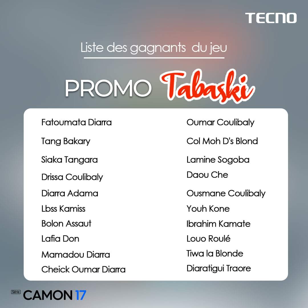 TECNOMobileMali's tweet photo. Vous avez été nombreux à participer au jeu de la Promo Tabaski qui consistait à commenter la vidéo de la promotion pour avoir plus de likes en commentaire.
Voici la liste des heureux gagnants.
#TheClearestSelfieCamera
#CAMON17Serie
#TECNO_MOBILE_ML https://t.co/wQC8AzWcUx