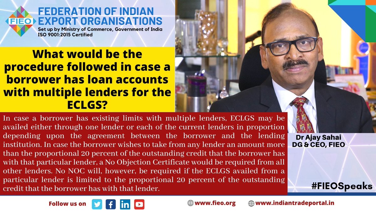 FieoHq's tweet photo. #TradeQueries

What would be the procedure followed in case a borrower has loan accounts with multiple lenders for the ECLGS?

#FIEOSpeaks #procedure #merchantingtrade #Exports #Imports #GST #QRPM #Scheme #ECLGS https://t.co/UnId8KdEdU