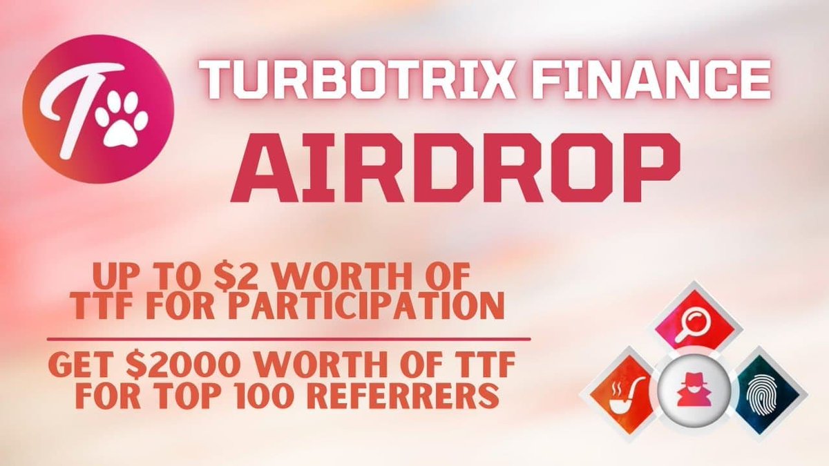 🔍 New #Airdrop: TurboTrix Finance

💲Reward: Up to $2 worth of TTF + $2k worth of TTF referral pool

🔴 Start the airdrop bot: t.me/TurboTrixAirdr…

🔘 Do the tasks on the bot &amp; submit your data

🔘 Details: youtu.be/yItHQ-yBOyk

#Airdrops #AirdropDetective #TurboTrix #TFT