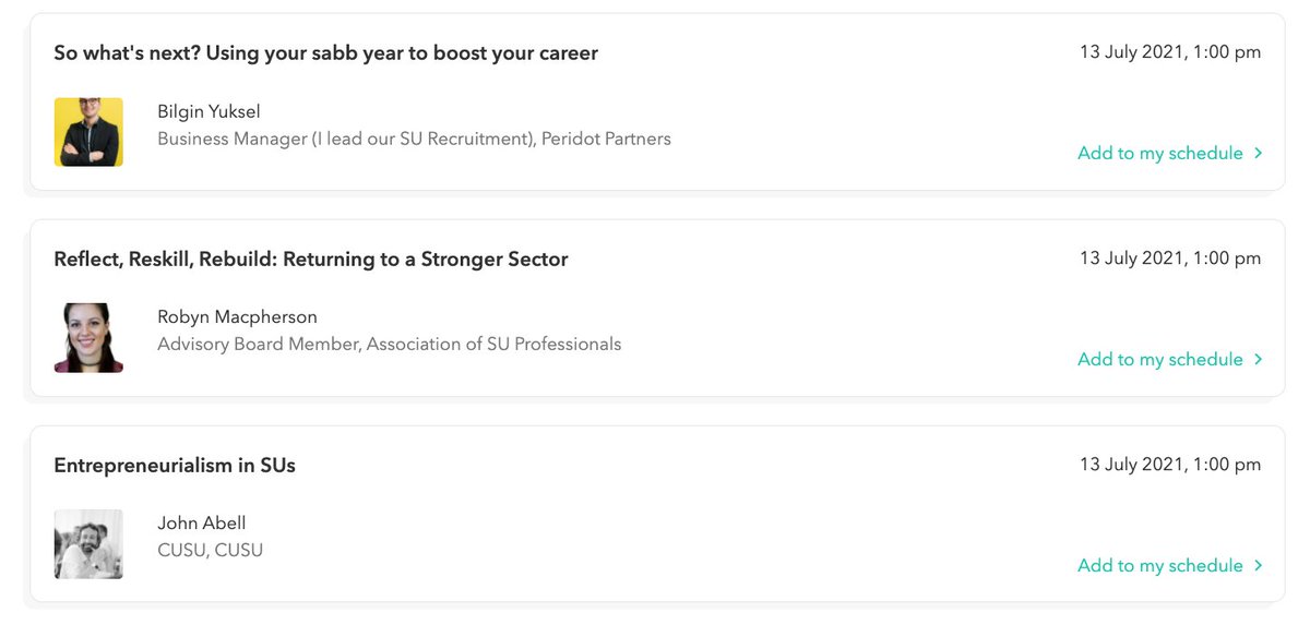 Here are your 1pm sessions including <a href="/BillYuksel/">Bill Yuksel</a> from <a href="/PeridotPartners/">Peridot Partners</a>, <a href="/SUProfessionals/">Association of SU Professionals</a> and <a href="/john_abell/">John Abell</a> and @MattCUSU  #SU21Digital