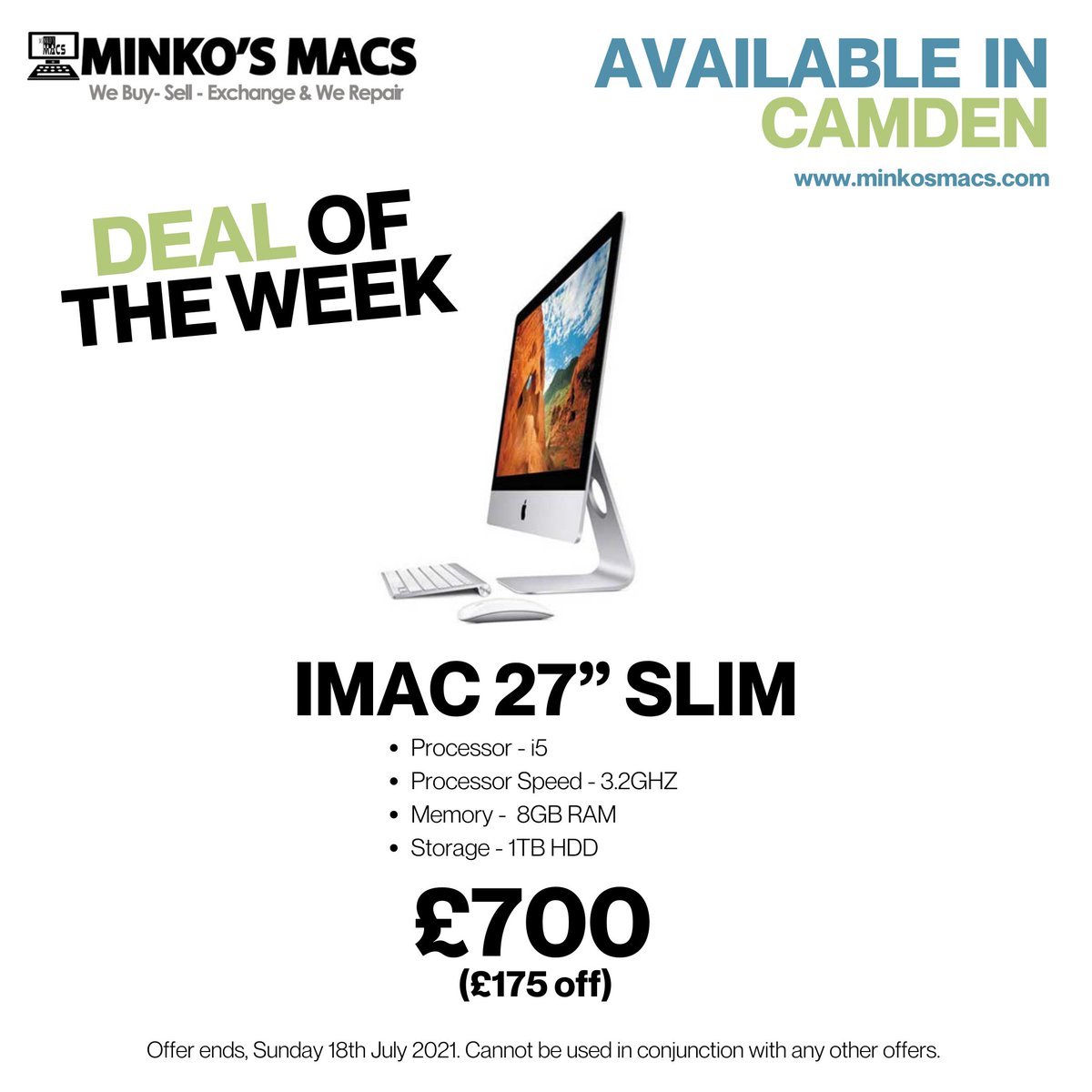 MinkosMacs's tweet image. DEAL OF THE WEEK available now in CAMDEN! 
IMAC 27” Slim i5 3.2GHZ 8GB RAM 1TB HDD
£750!!! (£175 OFF)
Offer ends this Sunday 18th July 2021. This offer cannot be used in conjunction with any other offers. 
#imac27 r #macbook #minkosmacs #applemac #laptoprepairs #computerrepairs