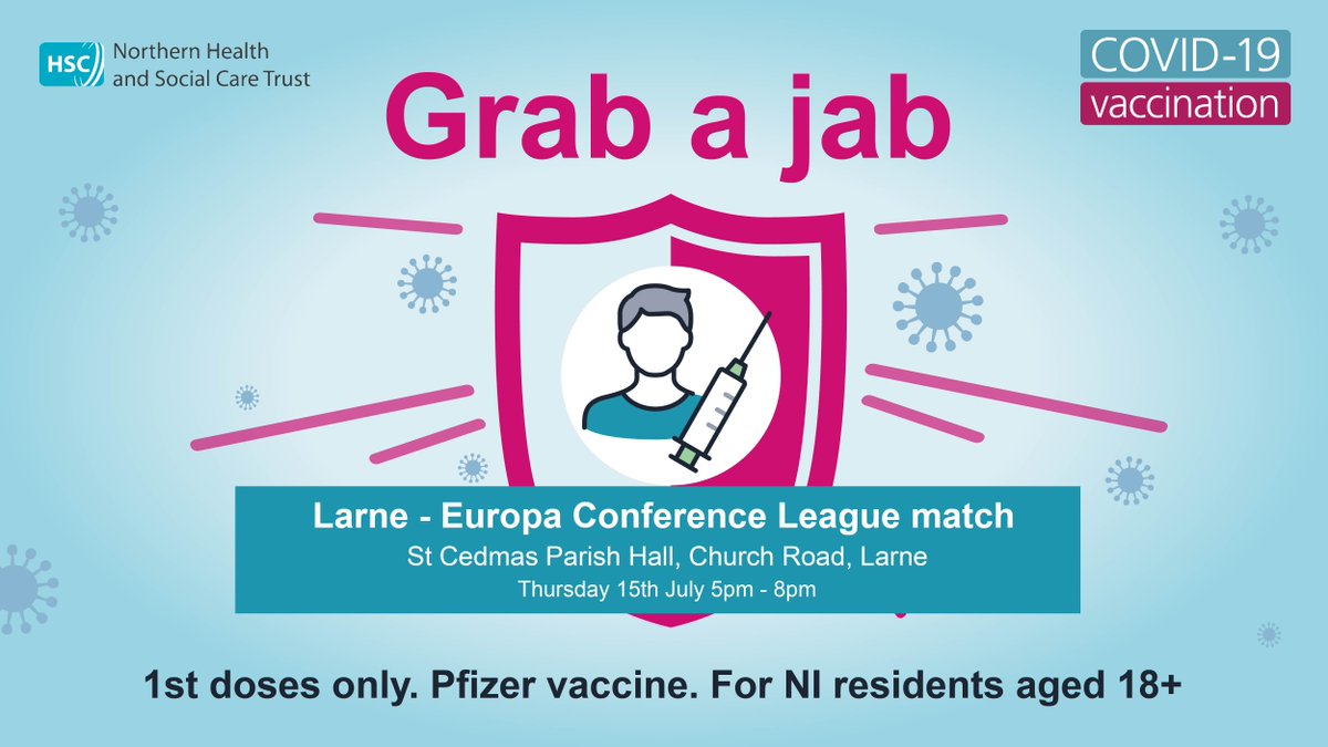 Northern Trust (@nhsctrust) on Twitter photo If you are coming down to the Europa Conference League match in Larne this Thursday, pop into St Cedmas Parish Hall and #GrabAJab 💉
Bring ID (Passport, Driving licence, or doc that confirms name and address) and return in 6 weeks for a 2nd dose <a href="/mea_bc/">Mid and East Antrim Borough Council</a> <a href="/larnefc/">Larne Football Club</a> <a href="/IrishFA/">Irish FA</a> If you are coming down to the Europa Conference League match in Larne this Thursday, pop into St Cedmas Parish Hall and #GrabAJab 💉
Bring ID (Passport, Driving licence, or doc that confirms name and address) and return in 6 weeks for a 2nd dose <a href="/mea_bc/">Mid and East Antrim Borough Council</a> <a href="/larnefc/">Larne Football Club</a> <a href="/IrishFA/">Irish FA</a>