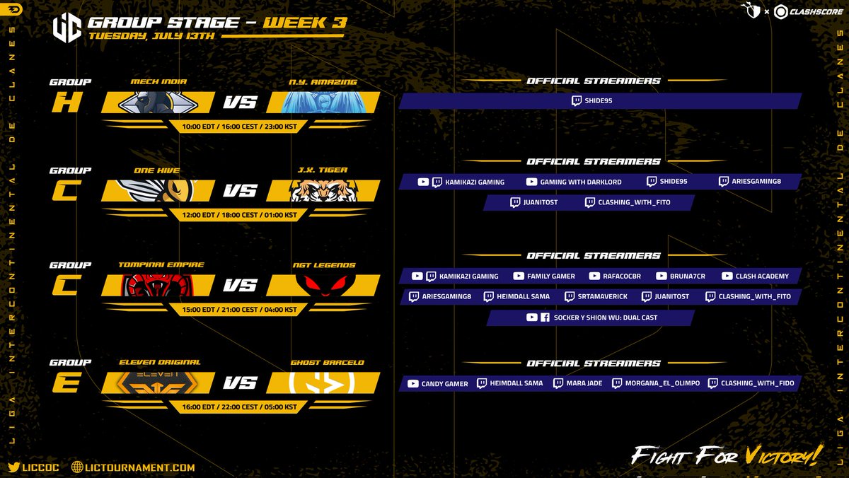 🏆 WEEK 3 - GROUP STAGE 🏆

🇪🇦 Continuamos la Semana 3 con estas 4 guerras 🤩🥳 No olvides seguirlas en directo a través de nuestros Streamers 😎🤙

🇬🇧 We continue Week 3 with these 4 wars 🤩🥳 Don't forget to follow them live through our Streamers 😎🤙

#FightForVictory 💪🔥