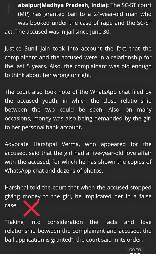 DeepikaBhardwaj's tweet photo. Dalit girl filed SC-ST act on UC boy she was in relationship with for five years because he stopped giving her money she demanded. 

Court grants bail after reading Whatsapp chat. 

He spent a week in Jail. 

Source : https://t.co/GpKsji7COq

#SCSTMisuse https://t.co/60NRCM34x9