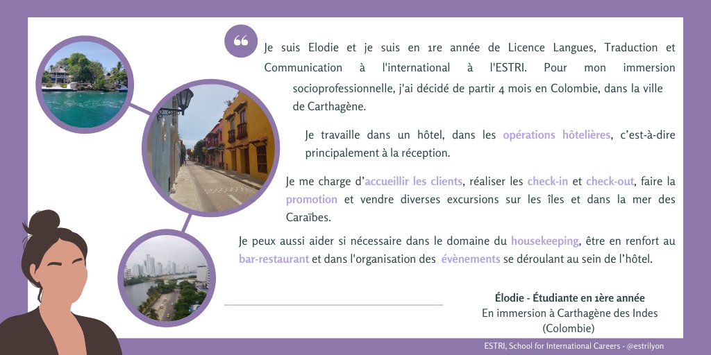 estrilyon's tweet photo. Voyager et étudier, c’est possible à l’#ESTRI ! 🎓✈️

En 1re année de #licence, nos étudiant.e.s partent dans un pays de leur choix pour une 1re immersion socioprofessionnelle.

Découvre les missions d’Elodie, en #stage à Carthagène des Indes (Colombie) dans un hôtel 🇨🇴 https://t.co/7etM3RzPxb