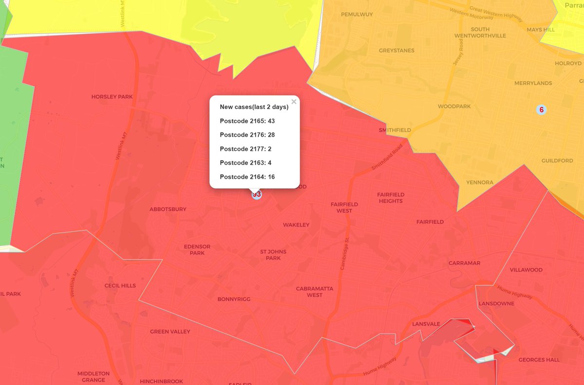 bobluau's tweet photo. @7NewsSydney @BradHazzard Thought this link might be helpful, you can find out the confirmed COVID19 cases including new cases in past 2 days in the Fairfield City Council area by postcode on a map 
https://t.co/ZLASIXWA3n https://t.co/N1zDvdbxK0