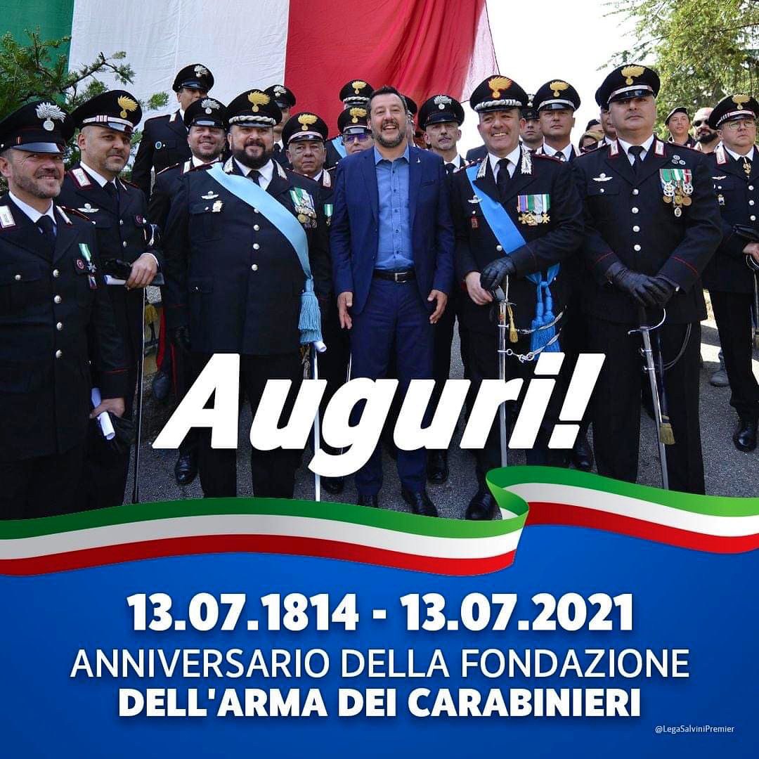 🔵🔴 OGGI, 13 LUGLIO É l’ANNIVERSARIO DELLA FONDAZIONE DELL'ARMA DEI #CARABINIERI NATA NEL 1814 A #TORINO PER VOLONTA' DI VITTORIO EMANUELE I RE DI SARDEGNA!

Tanti auguri alle donne e agli uomini dei Carabinieri. 🇮🇹Grazie per tutto il vostro lavoro!
<a href="/_Carabinieri_/">Arma dei Carabinieri</a> 
<a href="/LegaSalvini/">Lega</a>