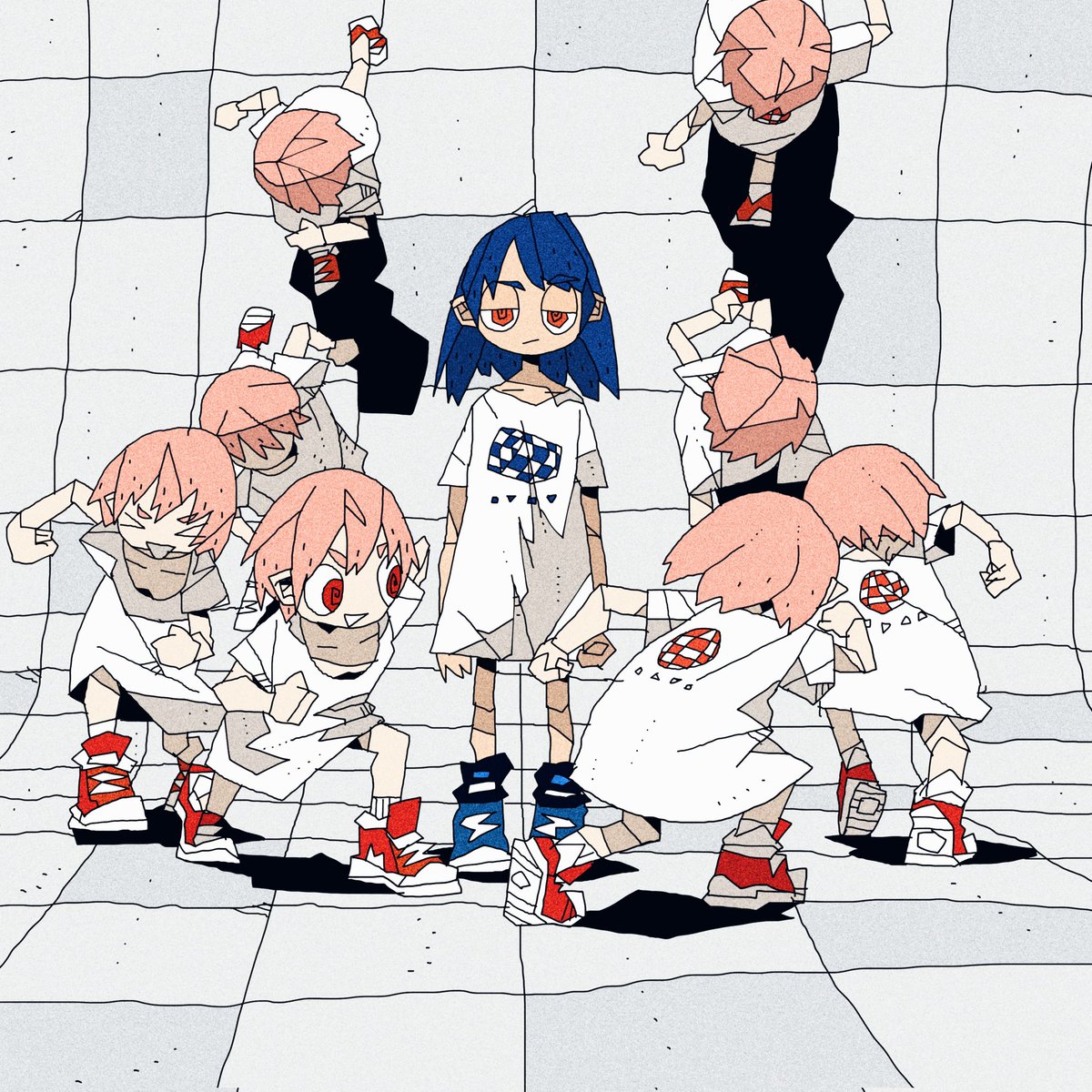 multiple girls red footwear shirt blue hair pink hair red eyes shoes  illustration images