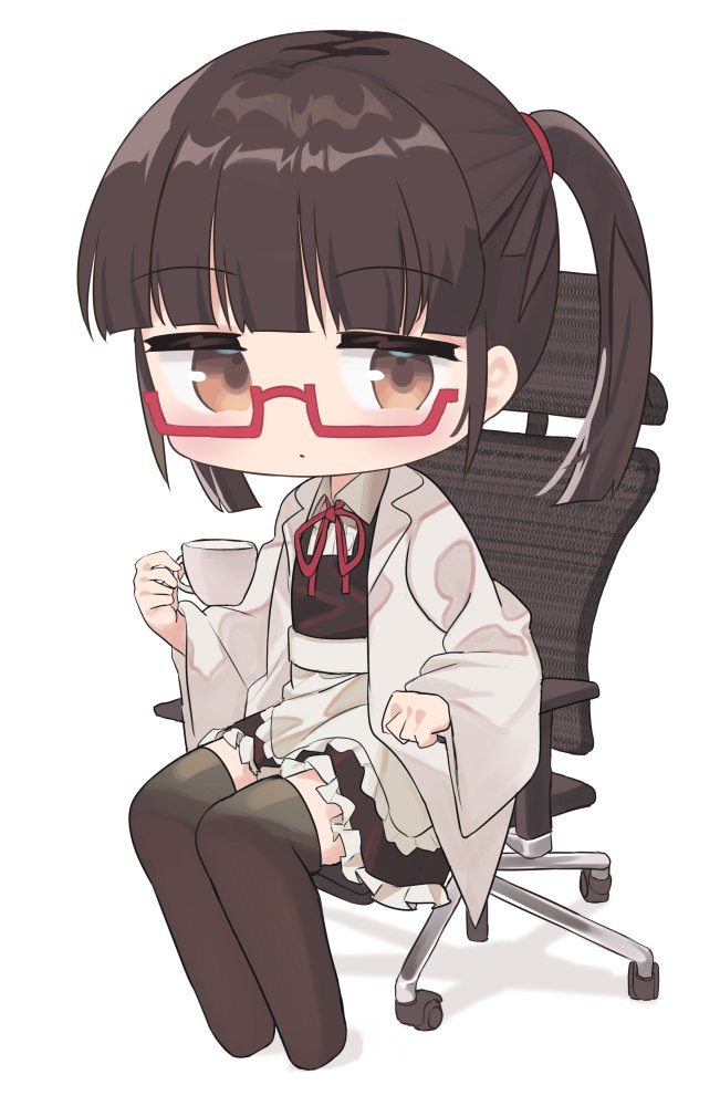 1girl solo glasses cup thighhighs holding cup brown eyes  illustration images