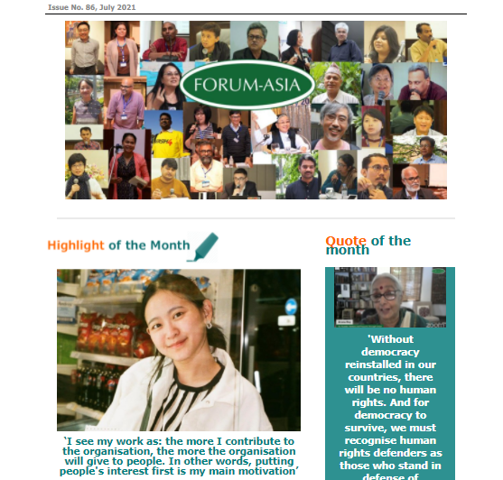 forum_asia's tweet photo. 📰 FORUM-ASIA's 𝗝𝘂𝗹𝘆 𝟮𝟬𝟮𝟭 𝗘-𝗡𝗲𝘄𝘀𝗹𝗲𝘁𝘁𝗲𝗿 features #humanrights issues in #Asia including in #HongKong &amp; in #India. We also highlight updates from our members including @monfemnet, @SUARAM_INTL &amp; @licadho

See it here 👇
https://t.co/7q7BpfQlrf https://t.co/7RVlLfnvKr