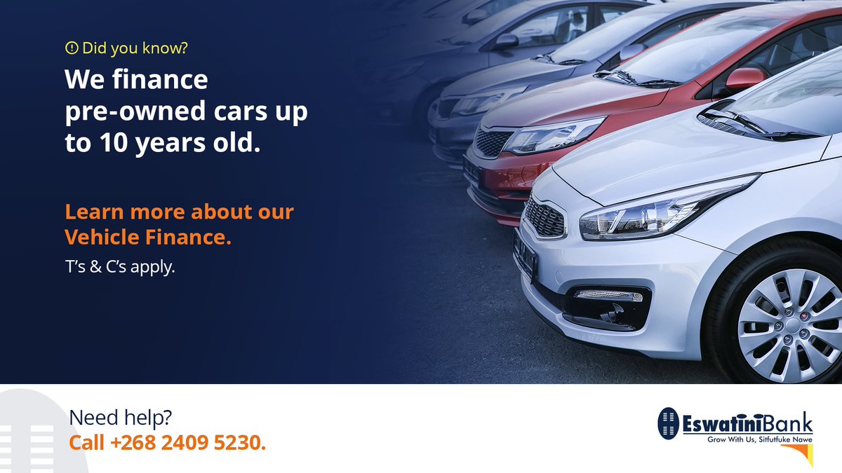 EswatiniB's tweet photo. We offer flexible finance for new & pre-owned vehicles up to 10 years old so everyone can find their perfect car.
Call us on +268 2409 5230 to learn more about our Vehicle Finance.
#EswatiniBank #LibhangeLesive #AutoEasy #Eswatini https://t.co/RPkYsagZJq