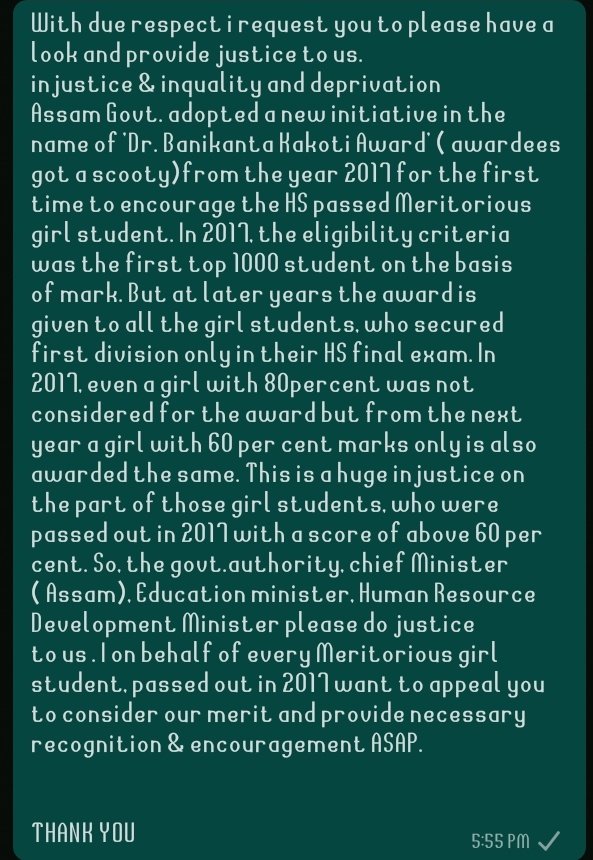 GitumoniSaikia1's tweet photo. #wewantjustice
#2017batch
@himantabiswa 
@ranojpeguassam 
@AjantaNeog 
@cmpatowary
@AkhilGogoiAG 
@SamujjalBhatta 
@BhabajitBezbar2 
@Anupamchakrabo6 
@NANDANPRATIM
@NewsLiveGhy 
@pratidintime 
@DY365
@PragNews 
@AssamTalks 
@time8news 
@news18assam https://t.co/8CCqR44TUs