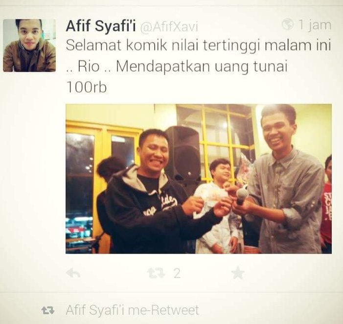 Nemu twit dari <a href="/AfifXavi/">Afif</a> waktu sucai 1 <a href="/StandUpJAKBAR/">Standupindo Jakarta Barat</a> dapet nilai tertinggi di kasih duit sama <a href="/yudha_khan/">MasYud</a> 100 ribu , karna jadi juri di putaran pertama kompetisi sucai 1 ini , MC <a href="/Rassofyan/">Rere</a> #10thStandupindo