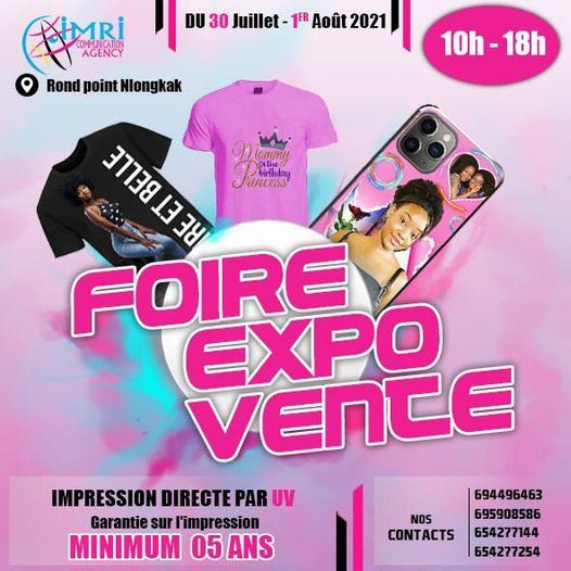 ImriPrintCom's tweet photo. FOIRE SPÉCIAL T-SHIRT DE COULEUR

Venez découvrir nos produits imprimés sur textile de couleur ( T-shirt- Casquette- Polo…) et bénéficiez d’une garantie de 5 ans sur tout article acheté, 
• Du 30 Juillet au 01er Août
• Lieu: Rond point Nlongkak
• Heure: 10H - 18H https://t.co/6QPDXPexM9