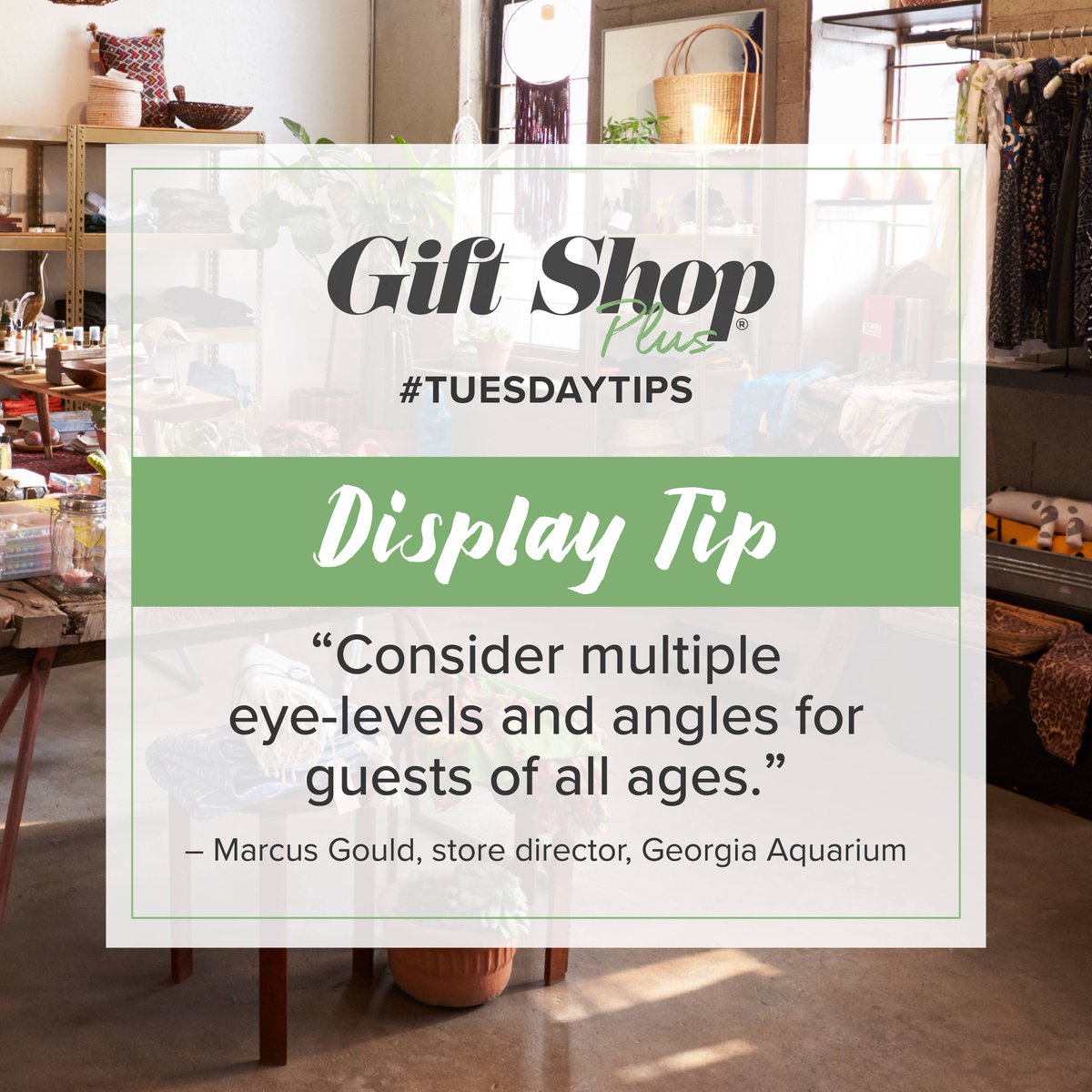 giftshopmag's tweet image. “Visually speaking, it’s important to arrange a display that invites guests to look, and involves engaging a variety of senses and tools.” - Marcus Gould, store director, #GeorgiaAquarium. #GiftShop #DisplayTip #TuesdayTips