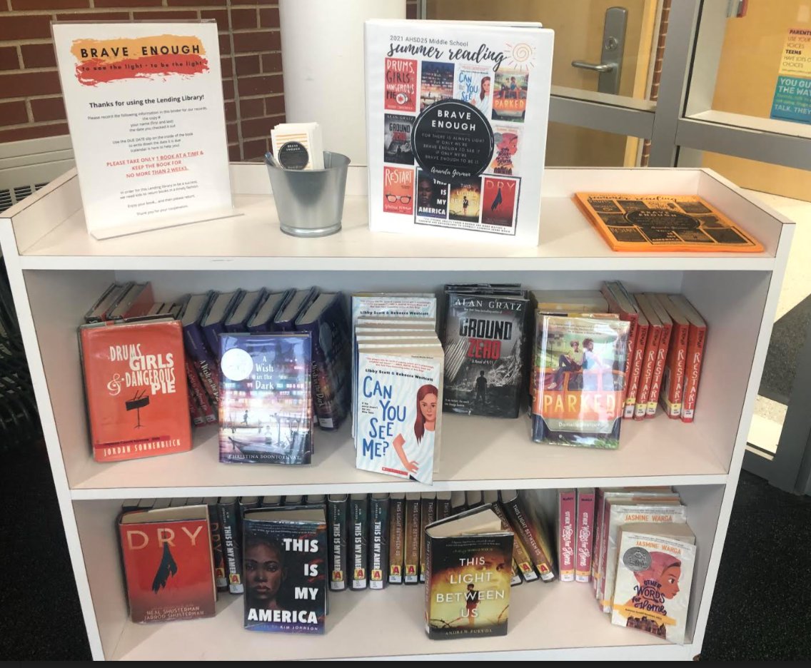 Hey T-wolves!!! Just a reminder that the TMS Lending Library is OPEN all summer and stocked with our Brave Enough Summer Reading books! Come and get ‘em! Books from the TMS Lending Library can be checked out in the TMS entryway all day! Relax &amp; read this summer! 📘😎☀️📕