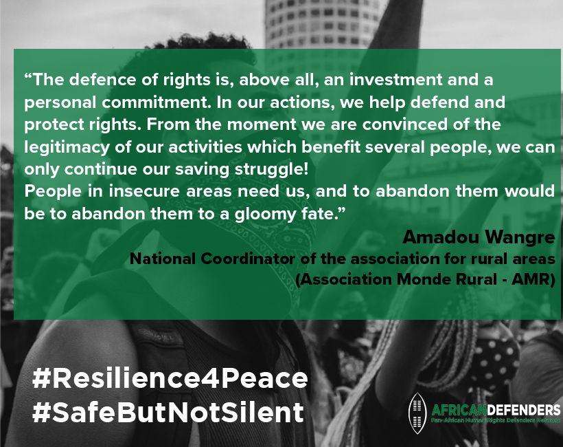AfricaDefenders's tweet photo. "People in insecure areas need us, and to abandon them would be to abandon them to a gloomy fate," Amadou Wangre.
Today in our #Resilience4Peace campaign Amadou Wangre shares why it is important for #HRDs working in conflict areas to continue protecting &amp; promoting #HumanRights👇🏿 https://t.co/Nd3VgSiCpU