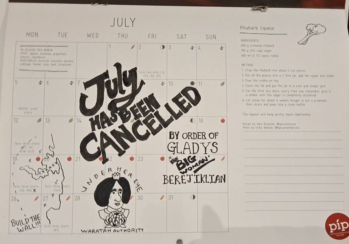 my housemate's calendar and take on sydney lockdown by order of Gladys "the big woman" Berejiklian