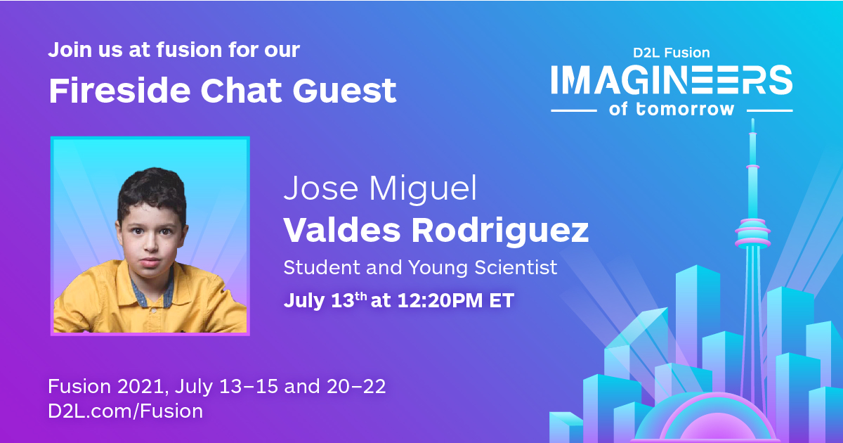 D2L's tweet photo. .@JohnBakerD2L's opening keynote at 12pm ET will be followed by a fireside chat with special guest 12-year-old Jose Miguel Valdes Rodriguez, a student at @SIDESBC who is is planning to graduate from high school next June! 👏 🎓 https://t.co/mz1CWA4MQy #D2LFusion https://t.co/KXChe9Cq4g