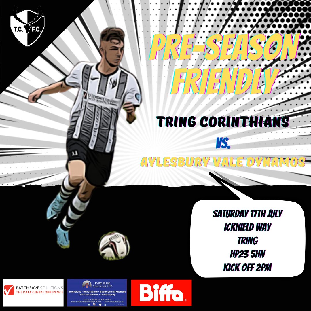 Tring Corinthians AFC (@tcafc_official) on Twitter photo 𝙰𝚢𝚕𝚎𝚜𝚋𝚞𝚛𝚢 𝚅𝚊𝚕𝚎 𝙳𝚢𝚗𝚊𝚖𝚘𝚜 𝙵𝚛𝚒𝚎𝚗𝚍𝚕𝚢 𝙳𝚎𝚝𝚊𝚒𝚕𝚜..
This Saturday we welcome <a href="/ValeDynamos/">Aylesbury Vale Dynamos FC</a> to Icknield Way.
⌚️ Fans entry from 1pm - Kick-off 2pm
💷 Admission: Adults - £3, Concessions and Under 16s - Free
🍔 Tea-bar open!
<a href="/PatchSolutions/">Patch Solutions</a> ◻️◼️ <a href="/Biffa/">Biffa</a> 𝙰𝚢𝚕𝚎𝚜𝚋𝚞𝚛𝚢 𝚅𝚊𝚕𝚎 𝙳𝚢𝚗𝚊𝚖𝚘𝚜 𝙵𝚛𝚒𝚎𝚗𝚍𝚕𝚢 𝙳𝚎𝚝𝚊𝚒𝚕𝚜..
This Saturday we welcome <a href="/ValeDynamos/">Aylesbury Vale Dynamos FC</a> to Icknield Way.
⌚️ Fans entry from 1pm - Kick-off 2pm
💷 Admission: Adults - £3, Concessions and Under 16s - Free
🍔 Tea-bar open!
<a href="/PatchSolutions/">Patch Solutions</a> ◻️◼️ <a href="/Biffa/">Biffa</a>