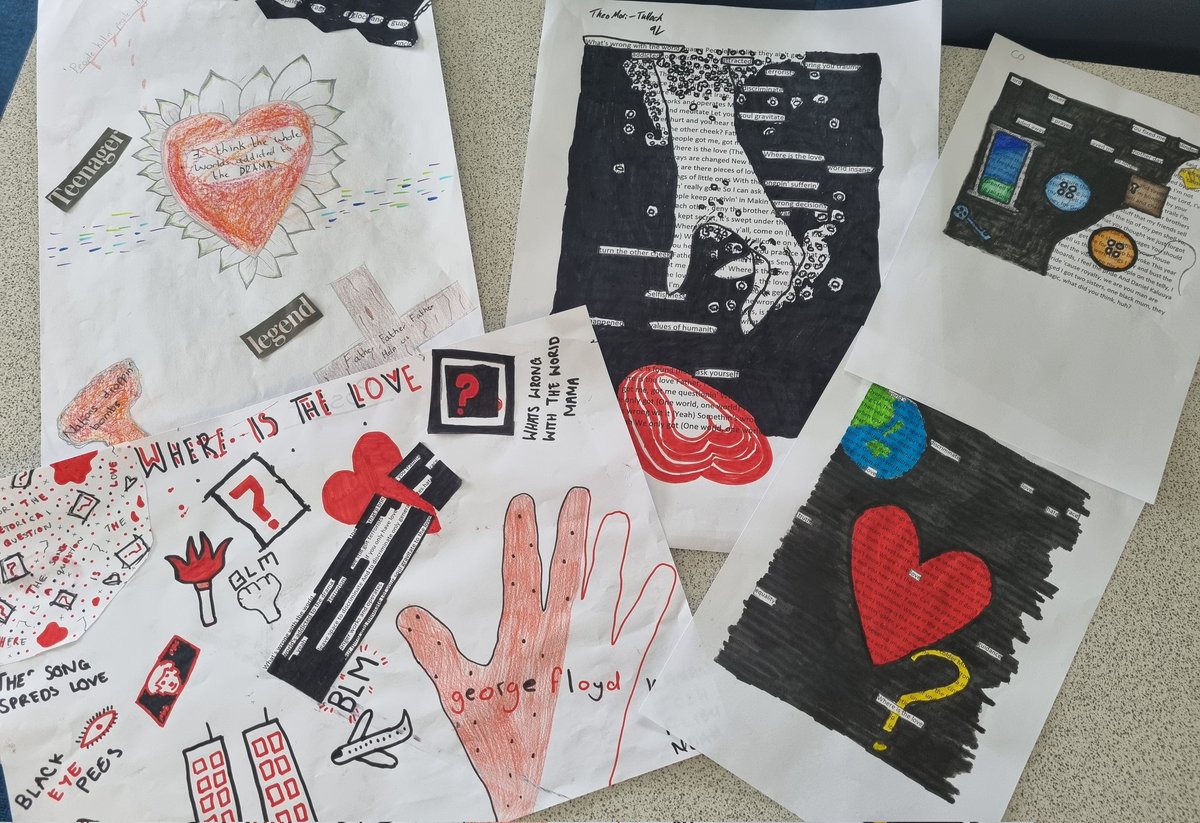 KNBS_English's tweet photo. We have some fantastic examples of blackout poetry already from our Enrichment week so far @knbs_school. We are looking at protest songs and the messages they can impart as well as the lessons that society can learn.
#blackoutpoetry #education #boyseducation #Creative https://t.co/ZNQmdU0ySY