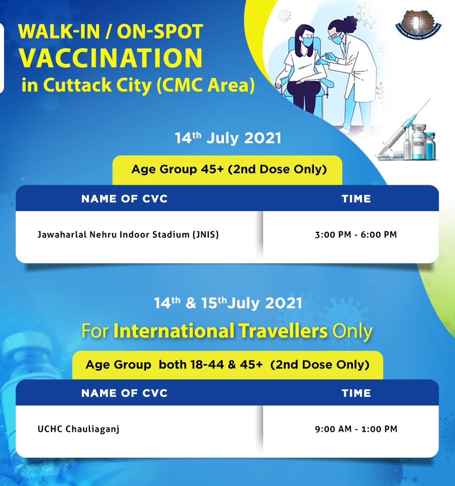 Cmc Cuttack On Spot Walk In Vaccination For 45 Age Group And International Travellers 18 44 Amp 45 Both Will Be Open At The Below Mentioned Centres As Per The Specified Date And Cmc Cuttack On Spot Walk In Vaccination For 45 Age Group And International Travellers 18 44 Amp 45 Both Will Be Open At The Below Mentioned Centres As Per The Specified Date And