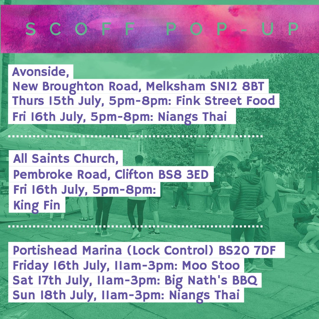 scoffpopup's tweet photo. Get your appetite at the ready; we have some amazing street food heading to our pop-up sites in #Melksham, #Clifton and #PortisheadMarina. Great outdoor street food to enjoy in the sun or to takeaway. #Bristolfood #scoffpopup #supportlocal #tasttakeaway #southwestfood #summerfood https://t.co/0xJuxFUsqM