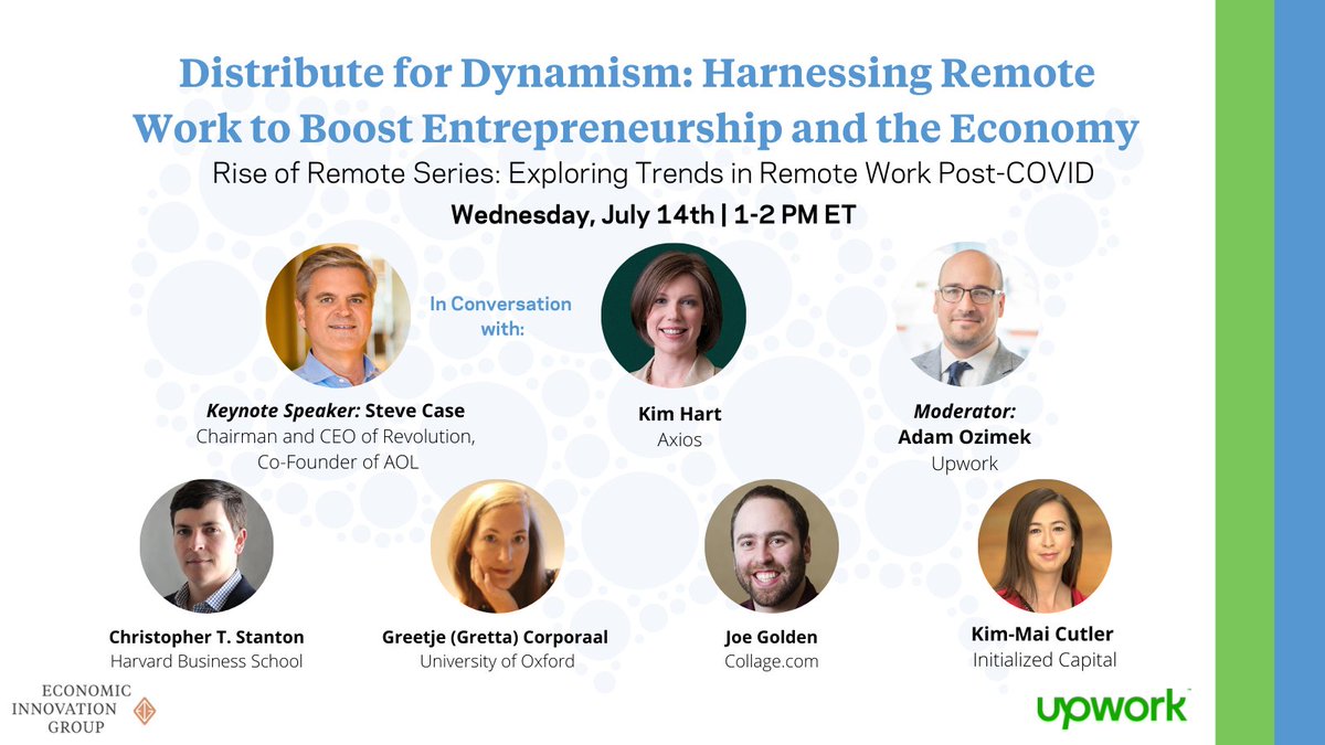 InnovateEconomy's tweet photo. #TMRW: @SteveCase & @khart, plus Christopher Stanton, @GF_Corporaal, @JoeGoJoeGo, @kimmaicutler & @ModeledBehavior on 7/14 @ 1PM ET for the final #RiseOfRemote event as we explore how the “remote work revolution” can be harnessed to boost entrepreneurship. https://t.co/d1z0Wvr8fi https://t.co/t7HPbjk3fM
