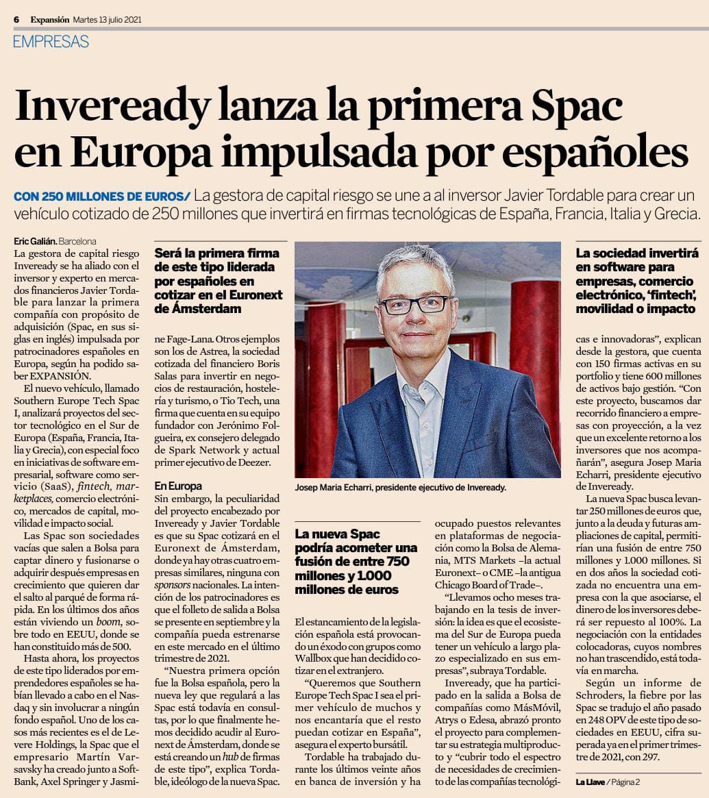 Grandes noticias para el exosistema empujadas por <a href="/inveready/">Inveready</a> #SPAC #startup