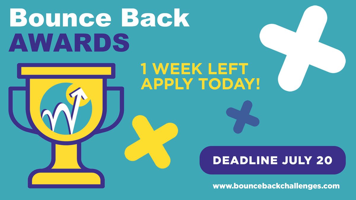 BackChallenges's tweet photo. One week more to apply for Bounce Back Awards! 🏆🏆🏆🏆 Submit your project now!

Go to https://t.co/C6Zk7xICqF https://t.co/ljO0gd8aNf