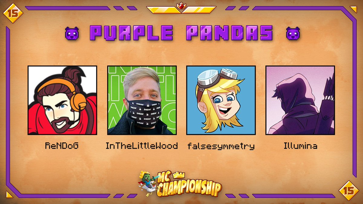 MCChampionship_'s tweet photo. 👑 Announcing team Purple Pandas 👑

@renthedog @InTheLittleWood @falsesymmetry Illumina

Watch them in MCC on Saturday July 24th at 8pm BST! https://t.co/8MYmjXzBTH