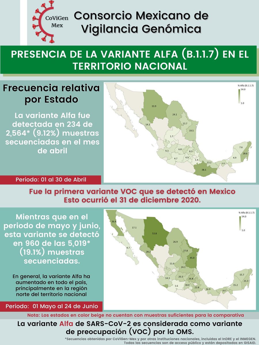jabrahamsimon1's tweet photo. Incremento sustancial de la cepa alfa en la península de Yucatán. VACÚNATE, las vacunas anti-COVID reducen el riesgo de formas graves de esta enfermedad. https://t.co/cEb7HBc7mN