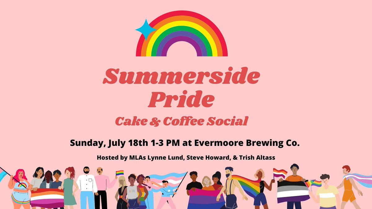 PEI Green Caucus (@peigreencaucus) on Twitter photo Happy Pride, PEI! This Sunday, July 18th from 1-3PM join MLAs <a href="/LundLynne/">Lynne Lund</a>, <a href="/RenewableSteve/">Steve Howard</a>, and <a href="/AltassTrish/">Trish Altass</a> at Evermoore Brewing Co. for a cake and coffee social to celebrate Summerside Pride! <a href="/PridePEI/">Pride PEI</a> <a href="/summersidePEI/">City of Summerside</a> #peipoli Happy Pride, PEI! This Sunday, July 18th from 1-3PM join MLAs <a href="/LundLynne/">Lynne Lund</a>, <a href="/RenewableSteve/">Steve Howard</a>, and <a href="/AltassTrish/">Trish Altass</a> at Evermoore Brewing Co. for a cake and coffee social to celebrate Summerside Pride! <a href="/PridePEI/">Pride PEI</a> <a href="/summersidePEI/">City of Summerside</a> #peipoli