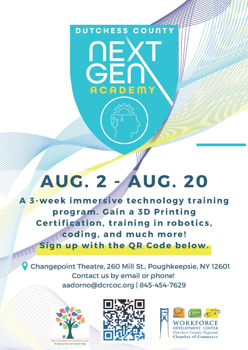 Love tech? If so, Dutchess County Next Gen Academy is offering a free, three-week technology immersion program 8/2-8/20 in which you'll earn a 3D Printing Certification, robotics training and more! Open to ages 14-21. Class limited to 20. Register now, deadline is July 16!