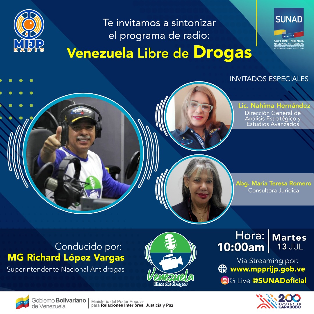 En breves comienza el Programa Venezuela Libre de Drogas con el MG @LopezvargasR para abordar el Proyecto de Reforma de Ley Orgánica de Drogas 

La cita: 

📆#13Jul 
🕙10:00 am 
🎙️Por: mpprijp.gob.ve 
📲IG Live @sunadoficial 
#RadicalesContraLaCovid19