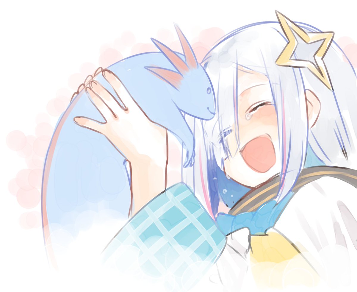 amane kanata 1girl open mouth halo blue hair smile closed eyes star halo  illustration images