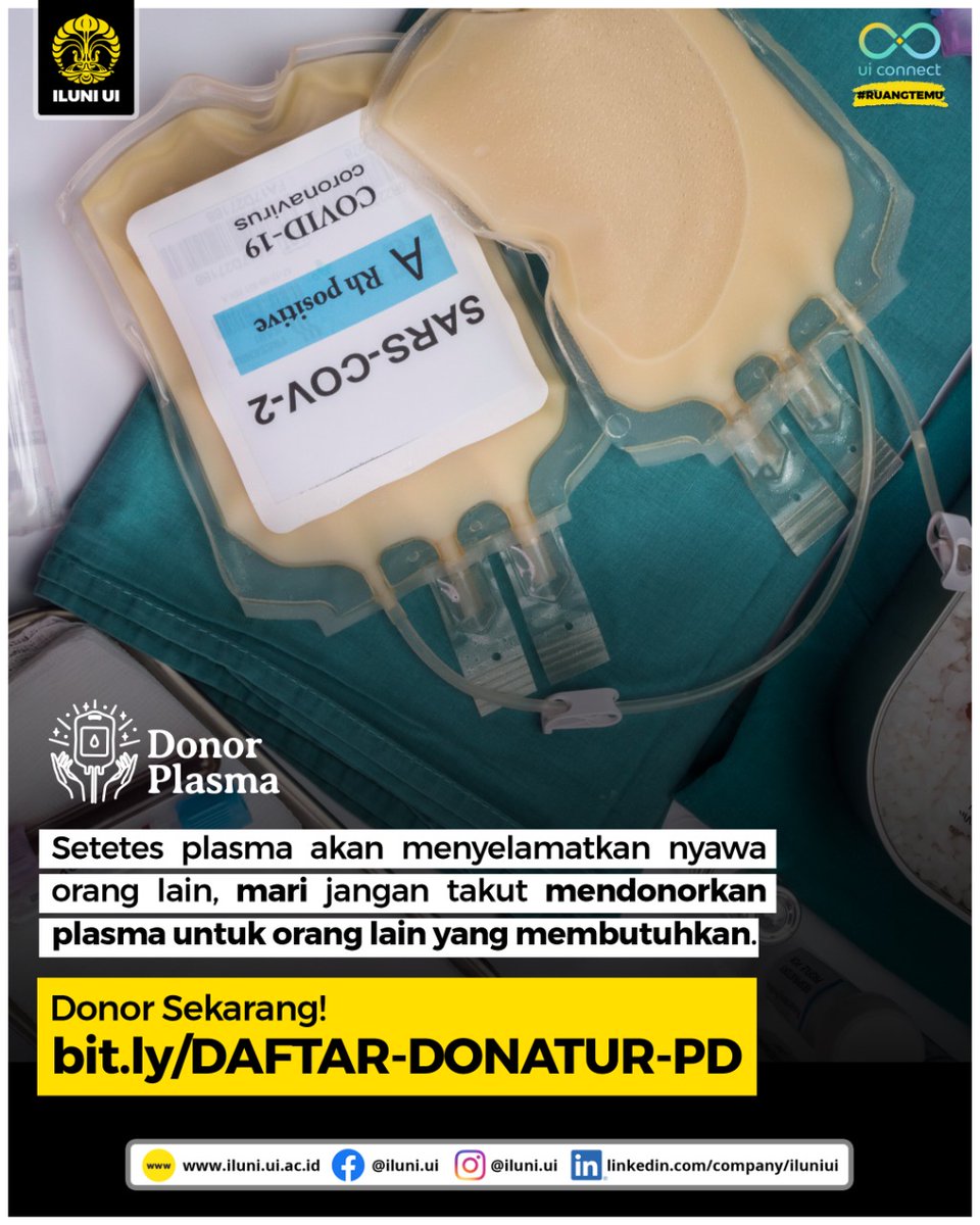 iluniui_'s tweet image. ILUNI UI mengajak para penyintas COVID-19 yang telah siap kondisinya untuk mendonorkan plasma kepada mereka yang tengah berjuang melawan COVID-19. 

Silakan daftarkan diri Rekan melalui tautan: bit.ly/DAFTAR-DONATUR…

Setetes plasma bisa menyelamatkan nyawa lain. #donorplasma